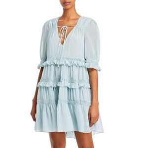 Cinq a Sept Cryssa Tiered Ruffle Mini Dress Grey Blue Puff Sleeve Size 6